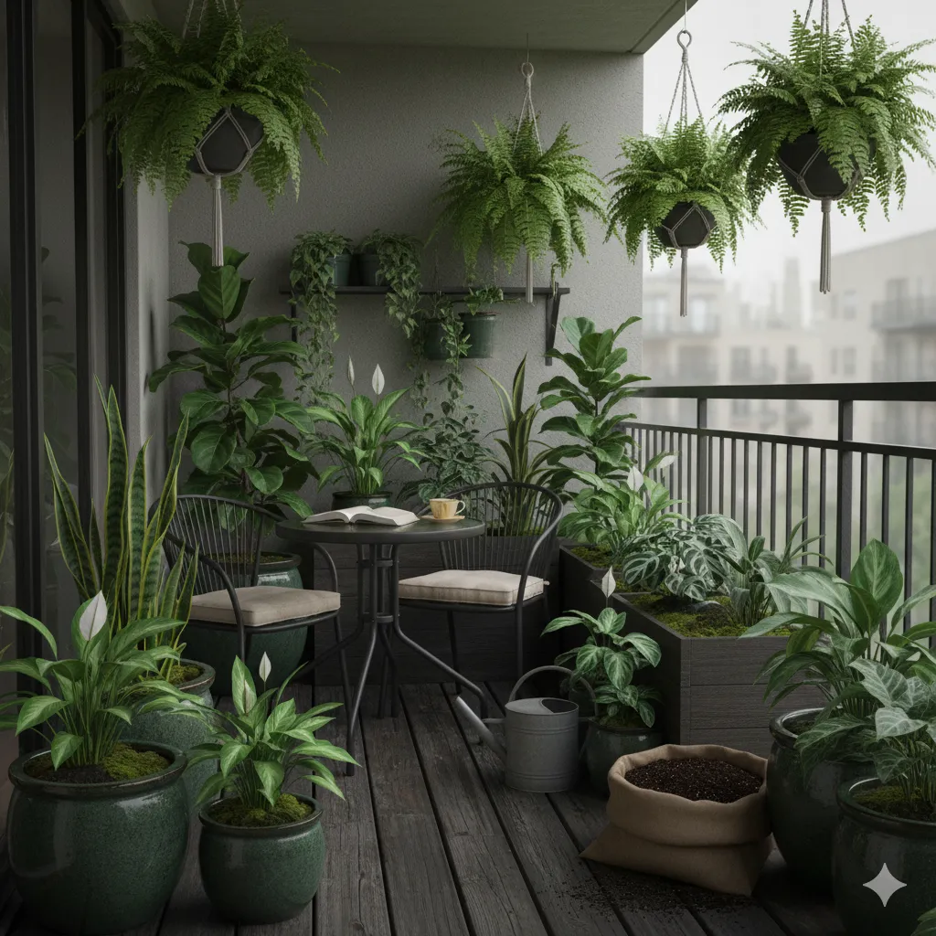 Balcony with shade-loving plants and ferns in a north-facing setup